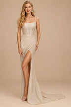 Rutipo Champagne Sheath/Column Square Neckline Sleeveless Sequined Sweep Train Wedding Dress