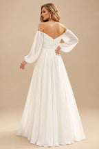 Rutipo Ivory A-Line Off-The-Shoulder Long Sleeves Chiffon Floor-Length Wedding Dress