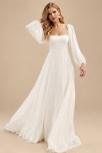 Rutipo Ivory Long Sleeves A-Line Square Neckline Wedding Dress With Chiffon Sweep Train