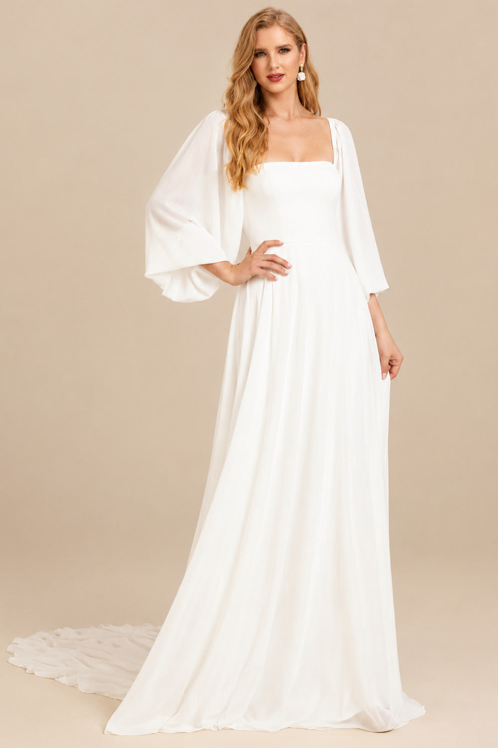 Rutipo Ivory Long Sleeves A-Line Square Neckline Wedding Dress With Chiffon Sweep Train