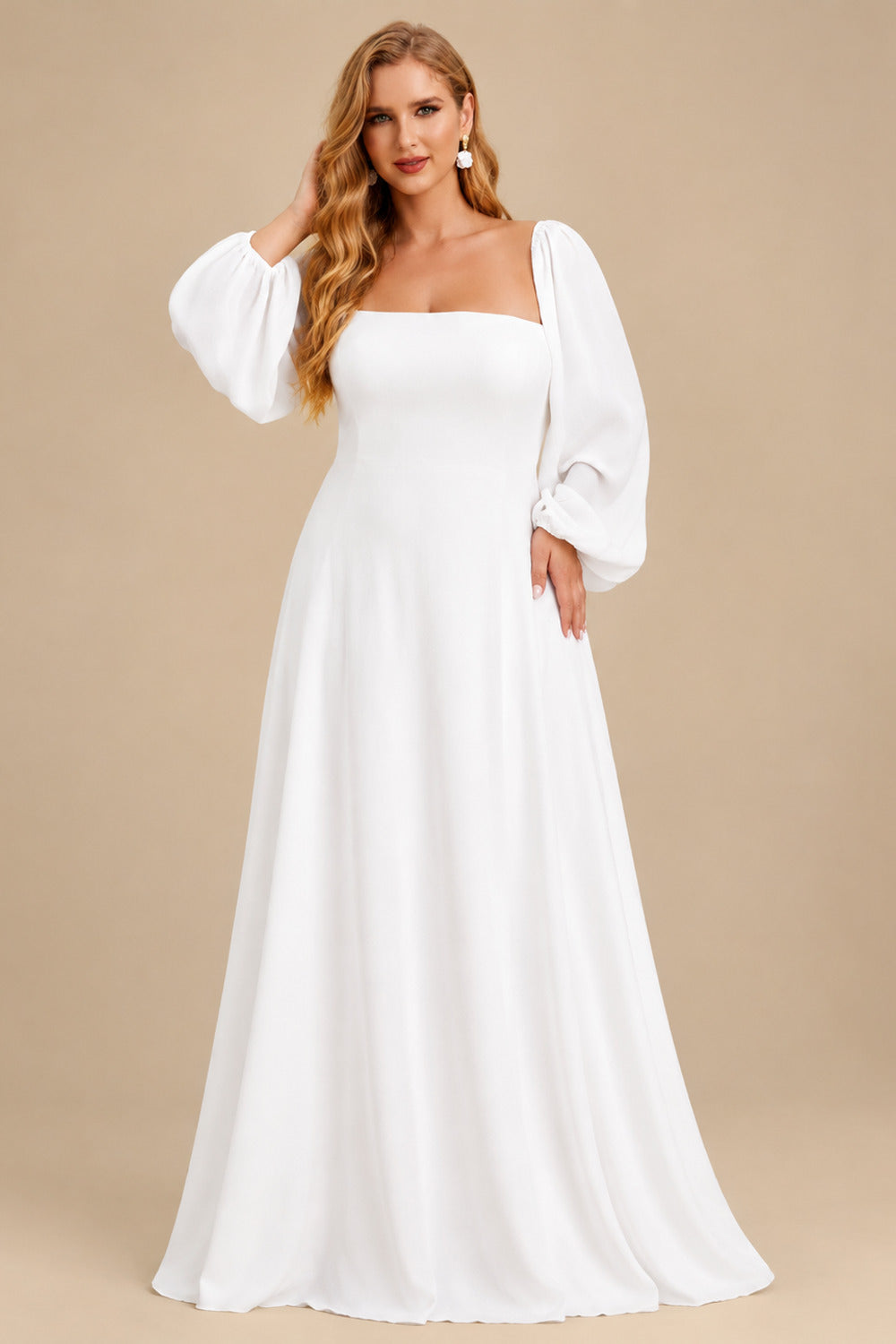 Rutipo White Long Sleeves A-Line Square Neckline Wedding Dress With Chiffon Sweep Train