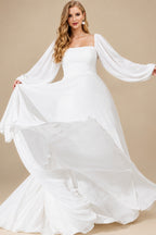 Rutipo White Long Sleeves A-Line Square Neckline Wedding Dress With Chiffon Sweep Train