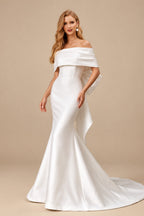 Rutipo White Trumpet/Mermaid Off-The-Shoulder Sleeveless Satin Sweep Train Wedding Dress With Bow(s)