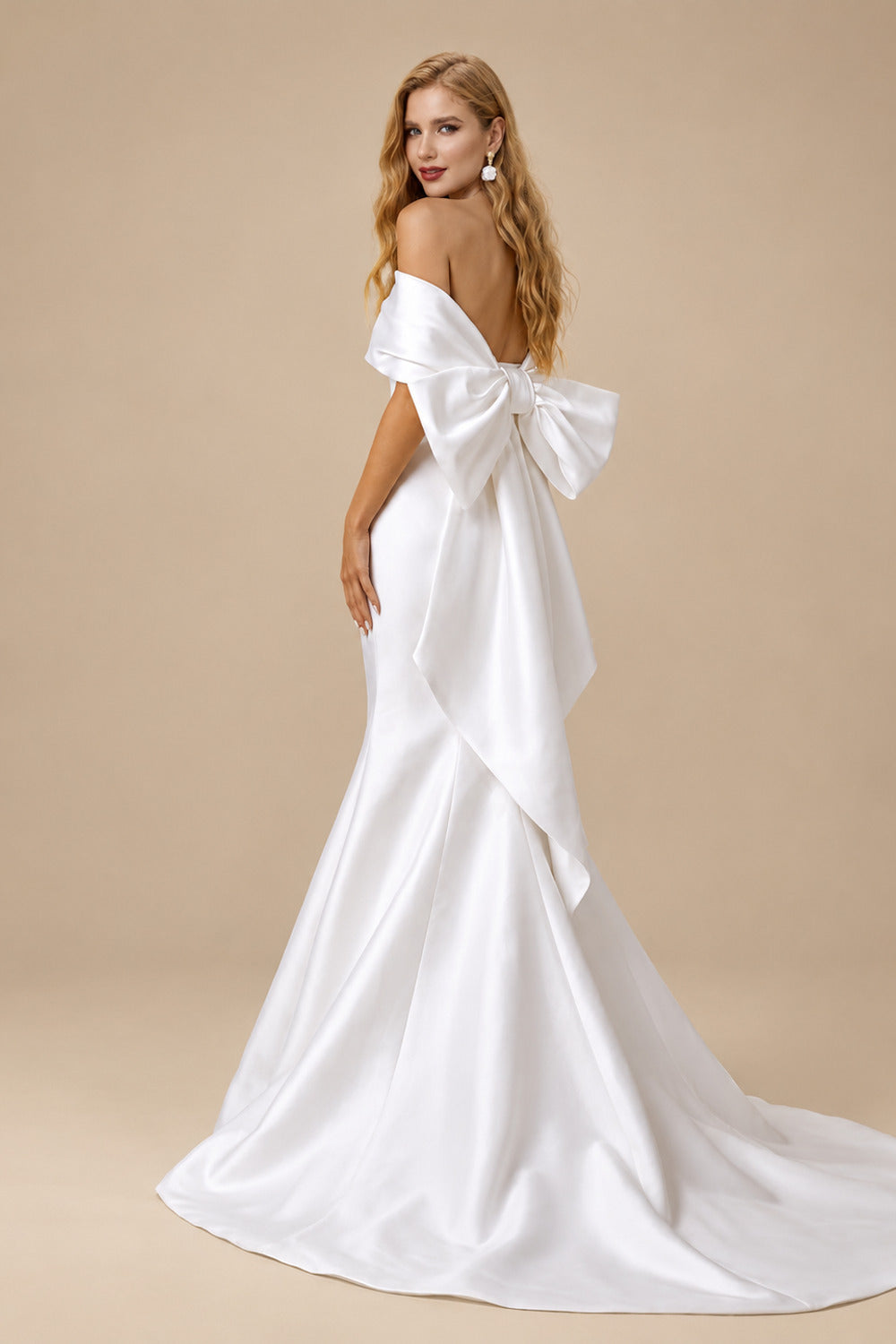 Rutipo White Trumpet/Mermaid Off-The-Shoulder Sleeveless Satin Sweep Train Wedding Dress With Bow(s)