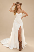 Rutipo Ivory Sheath/Column Sweetheart Sleeveless Satin Sweep Train Wedding Dress