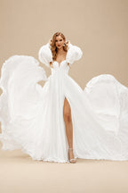 Rutipo Ivory A-Line Sweetheart Long Sleeves Chiffon Sweep Train Wedding Dress