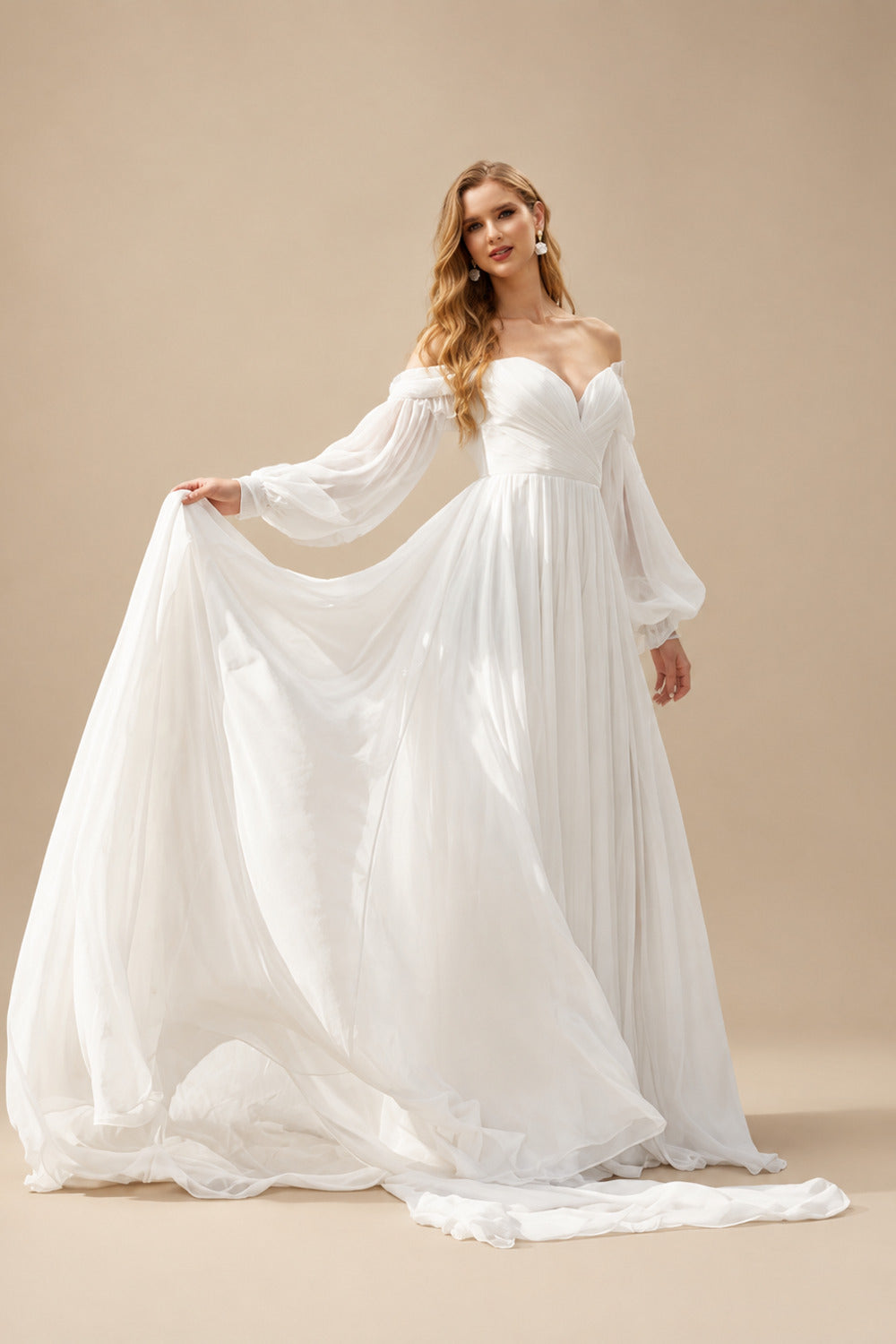 Rutipo Ivory A-Line Sweetheart Long Sleeves Chiffon Sweep Train Wedding Dress