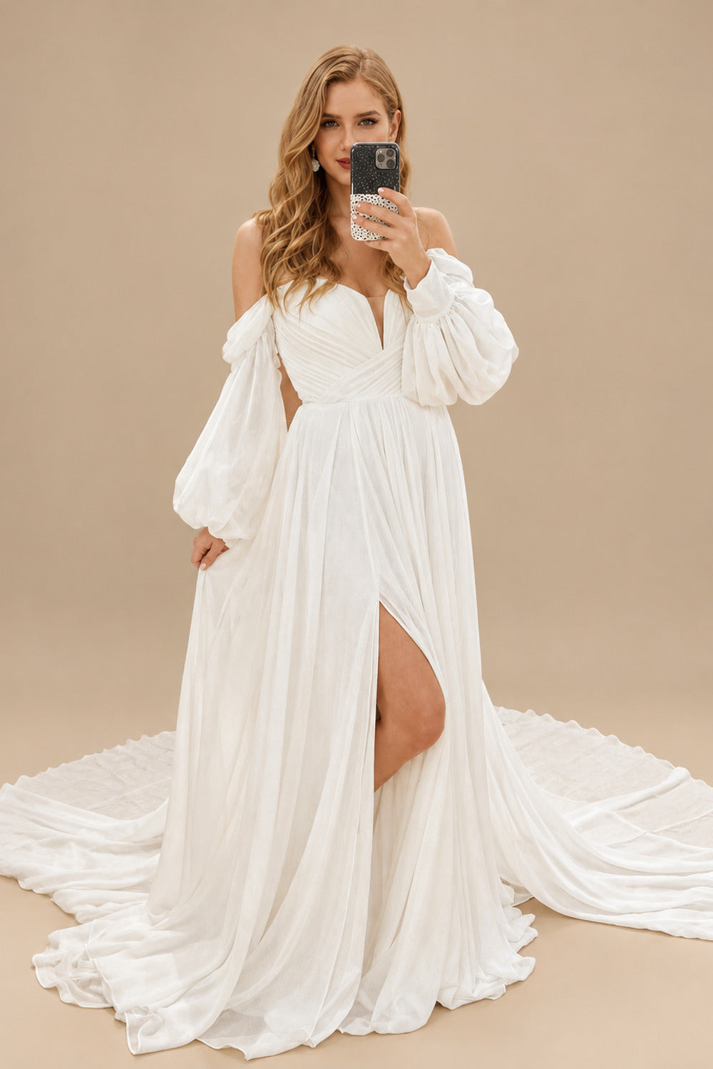 Rutipo Ivory A-Line Sweetheart Long Sleeves Chiffon Sweep Train Wedding Dress