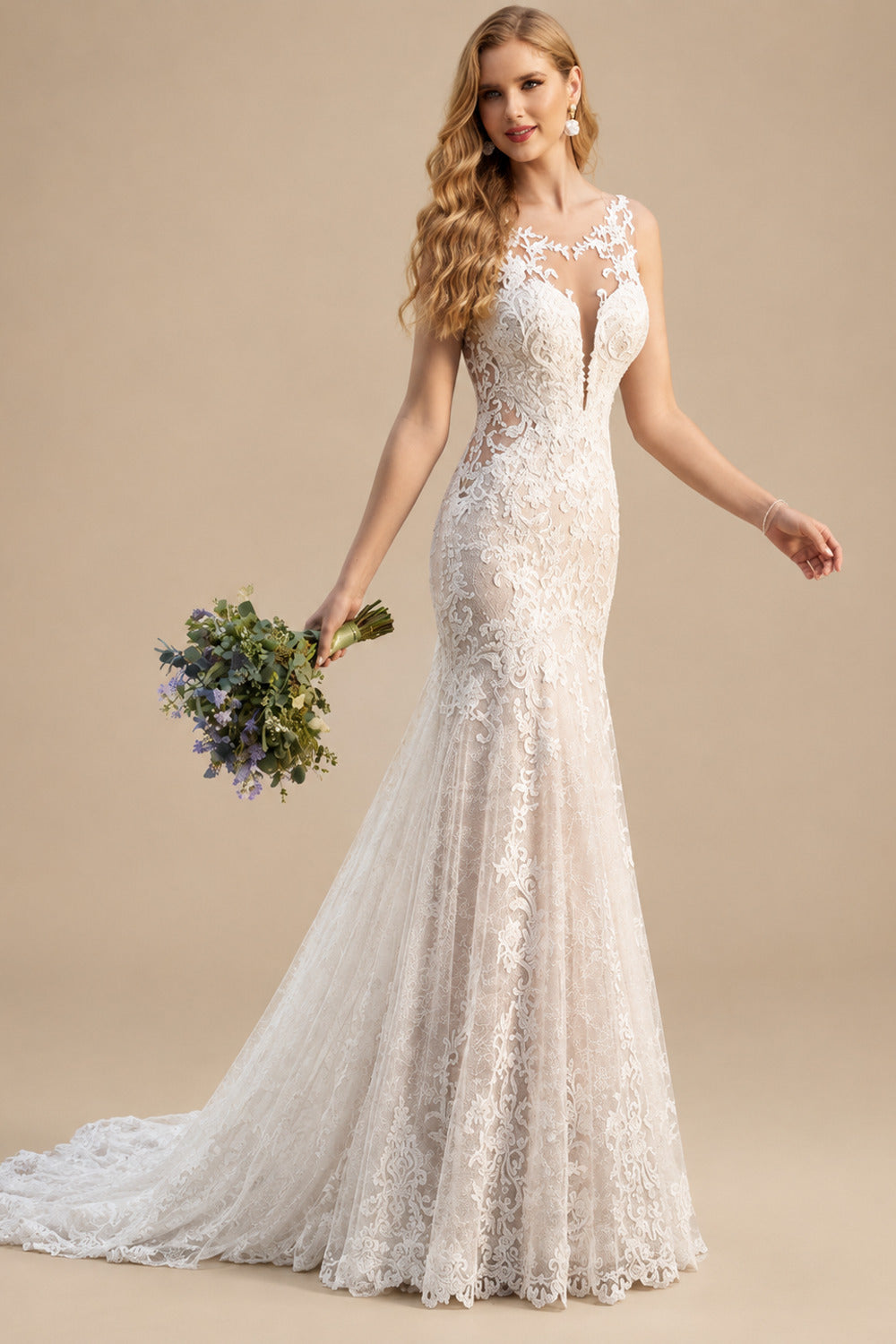 Rutipo As Picture Trumpet/Mermaid Scoop Neck Sleeveless Lace Sweep Train Wedding Dress