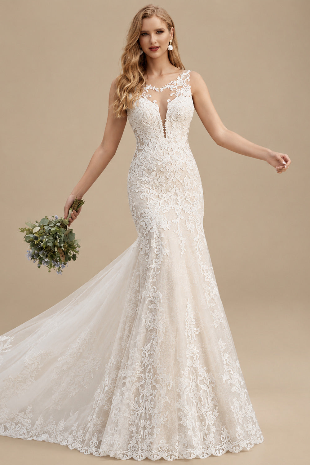 Rutipo As Picture Trumpet/Mermaid Scoop Neck Sleeveless Lace Sweep Train Wedding Dress