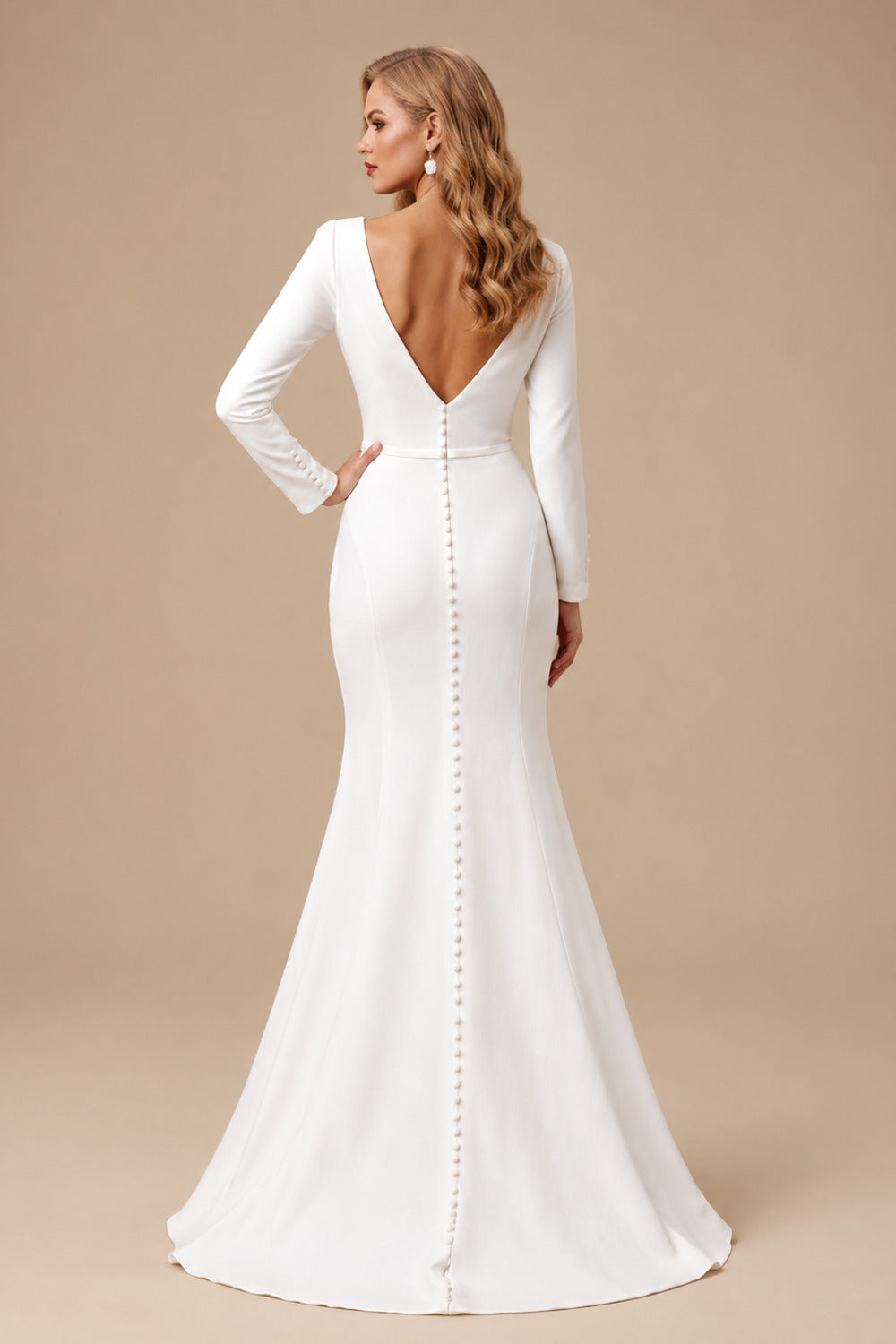 Rutipo Ivory Trumpet/Mermaid V-Neck Long Sleeves Elastic Satin Court Train Wedding Dress