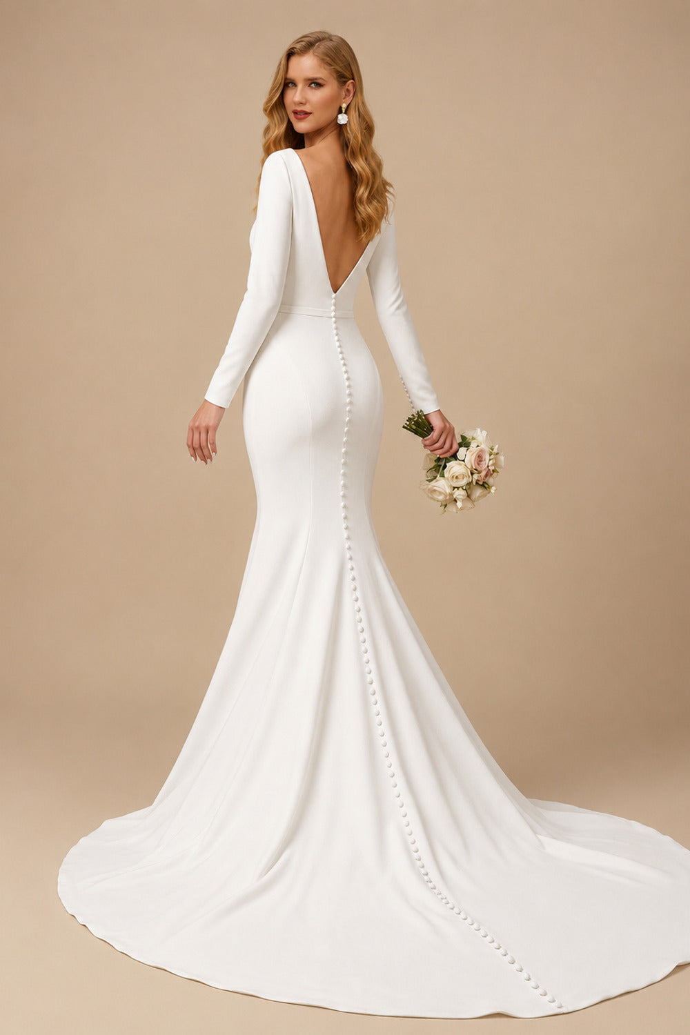 Rutipo Ivory Trumpet/Mermaid V-Neck Long Sleeves Elastic Satin Court Train Wedding Dress