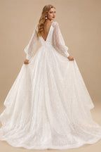 Rutipo Ivory Sparkle Long Lantern Sleeves Plunge Neck Wedding Dresses With Split Front