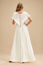 Rutipo Ivory Sparkle Long Lantern Sleeves Plunge Neck Wedding Dresses With Split Front