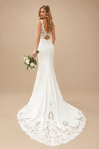 Rutipo Ivory Trumpet/Mermaid Sweetheart Sleeveless Stretch Crepe Court Train Wedding Dress
