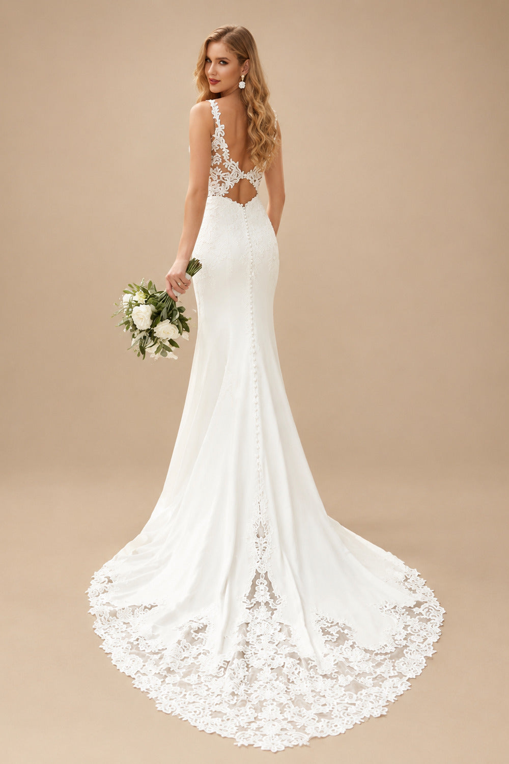 Rutipo Ivory Trumpet/Mermaid Sweetheart Sleeveless Stretch Crepe Court Train Wedding Dress