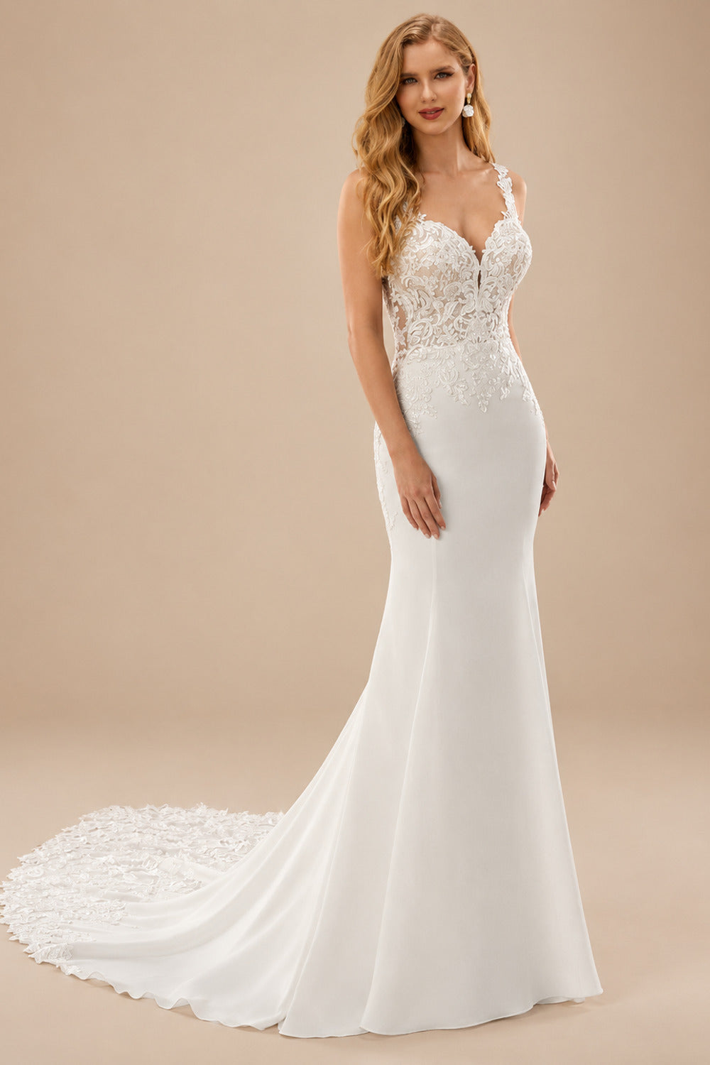 Rutipo Ivory Trumpet/Mermaid Sweetheart Sleeveless Stretch Crepe Court Train Wedding Dress