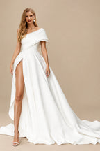 Rutipo Ivory Ball-Gown One-Shoulder Organza Sweep Train Wedding Dress With Appliques Lace