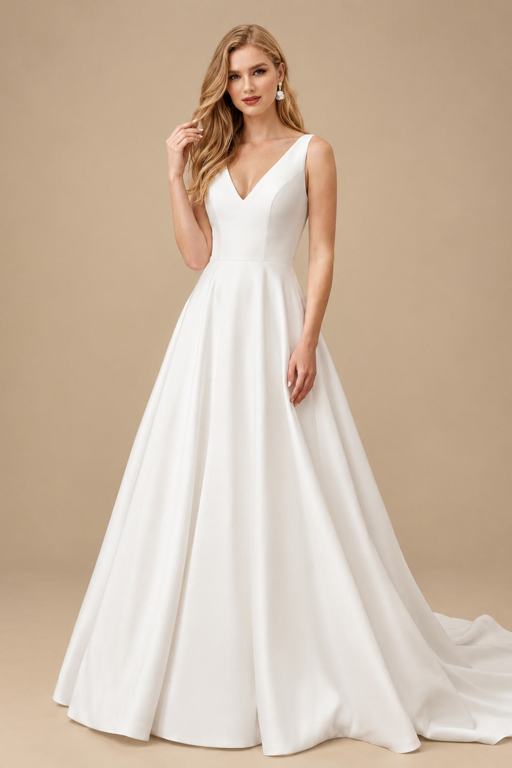 Rutipo Ivory Ball-Gown V-Neck Stretch Crepe Ruffles Sleeveless Sweep Train Wedding Dresses