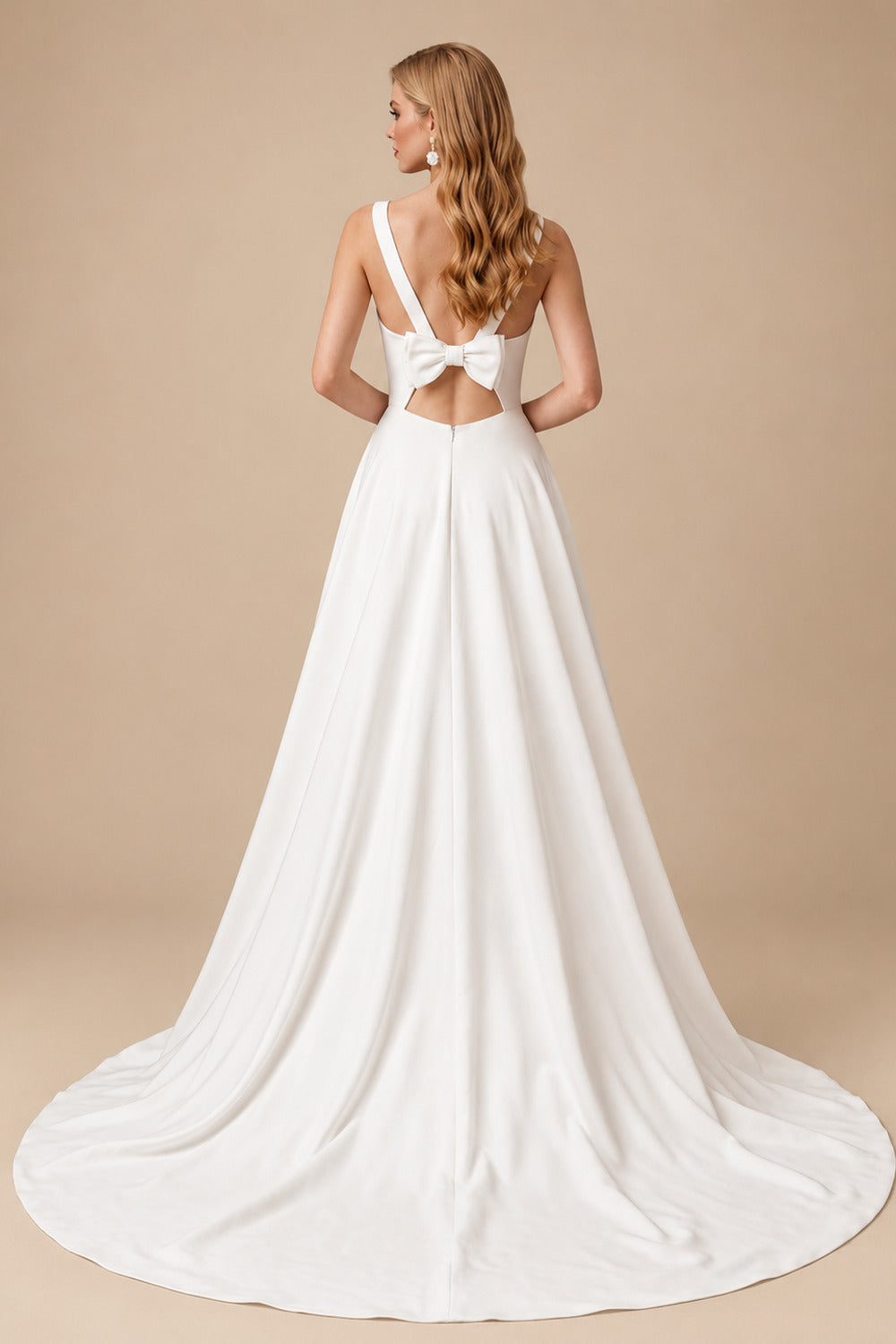 Rutipo Ivory Ball-Gown V-Neck Stretch Crepe Ruffles Sleeveless Sweep Train Wedding Dresses