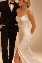 Rutipo Ivory Trumpet/Mermaid Strapless Sleeveless Sequined Sweep Train Wedding Dress