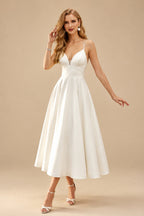 Rutipo Ivory A-Line V-Neck Sleeveless Tea-Length Satin Wedding Dress