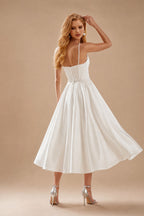 Rutipo Ivory A-Line V-Neck Sleeveless Satin Tea-Length Wedding Dress With Pockets
