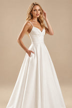 Rutipo Ivory A-Line V-Neck Sleeveless Satin Tea-Length Wedding Dress With Pockets
