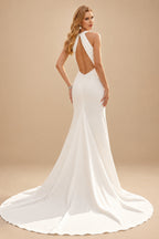 Rutipo Ivory Back Hole Trumpet/Mermaid Scoop Neck Sleeveless Elastic Satin Sweep Train Wedding Dress