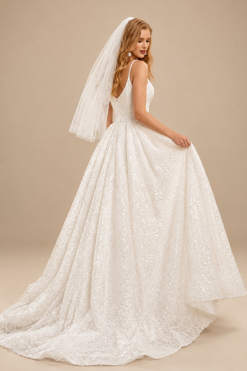 Rutipo Ivory Shiny Ball-Gown Sequined Wedding Dress With Sweep Train