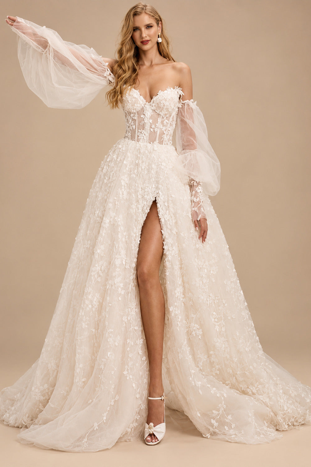 Rutipo As Picture Ball-Gown/Princess Sweetheart Sweep Train Lace Wedding Dress With Detachable Sleeve