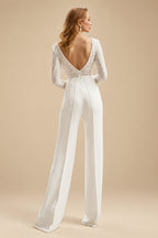 Rutipo Ivory Scoop Neck Floor-Length Wedding Jumpsuit With Sequin