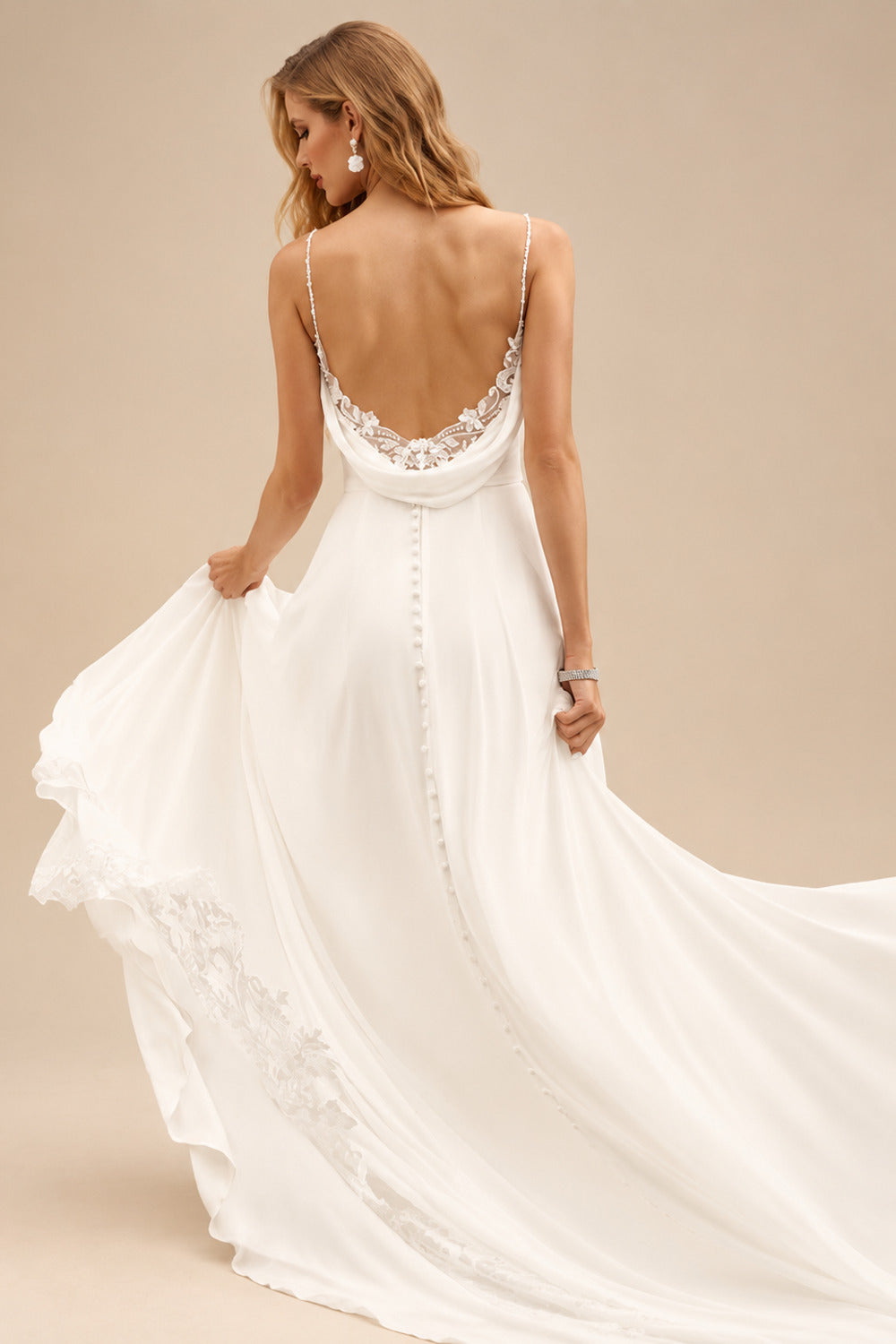 Rutipo Ivory A-Line Cowl Neck Sleeveless Chiffon Court Train Wedding Dress With Appliques Lace