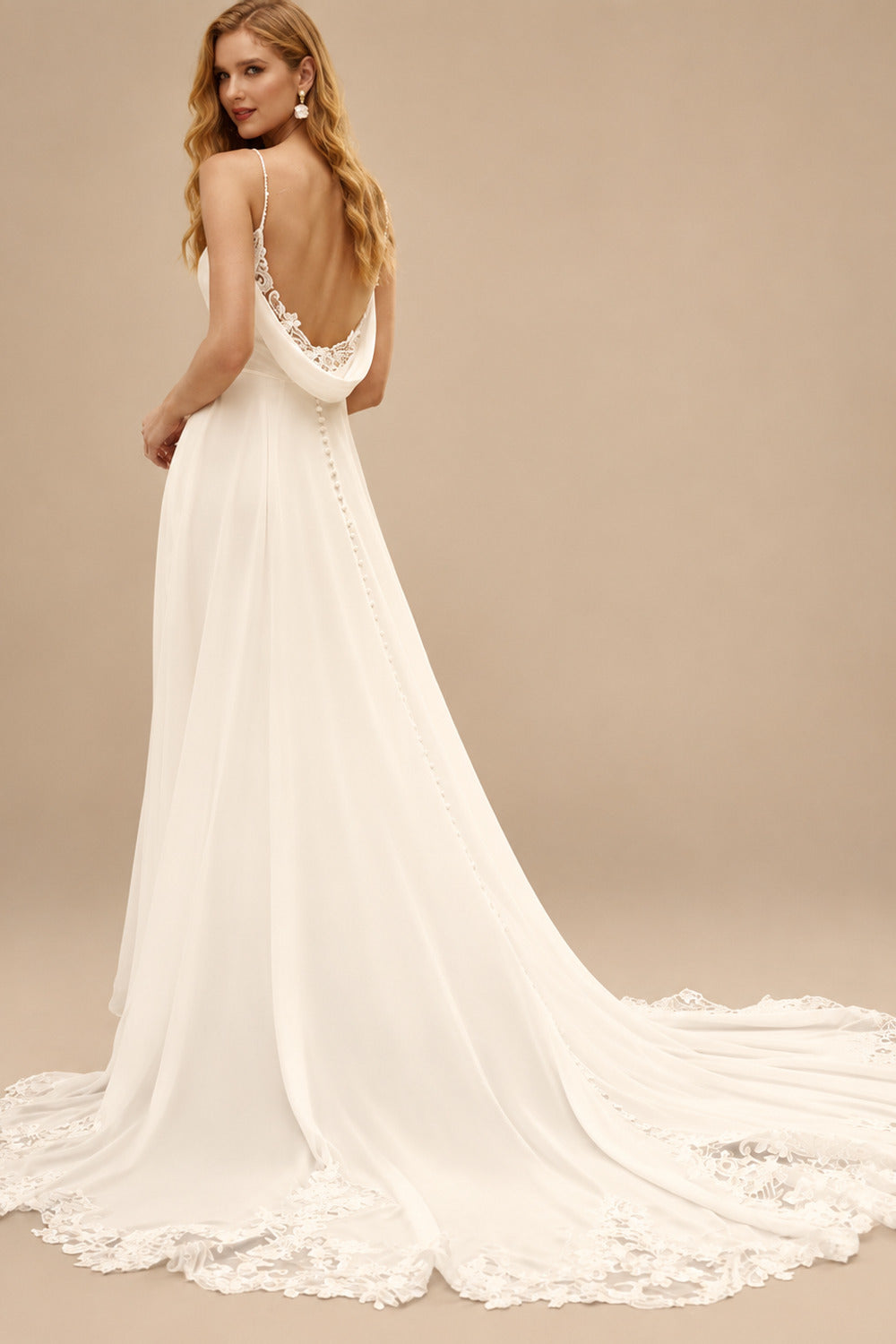 Rutipo Ivory A-Line Cowl Neck Sleeveless Chiffon Court Train Wedding Dress With Appliques Lace