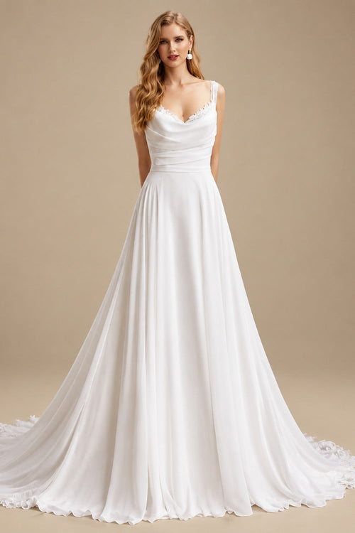 Rutipo White A-Line Cowl Neck Sleeveless Chiffon Court Train Wedding Dress With Appliques Lace