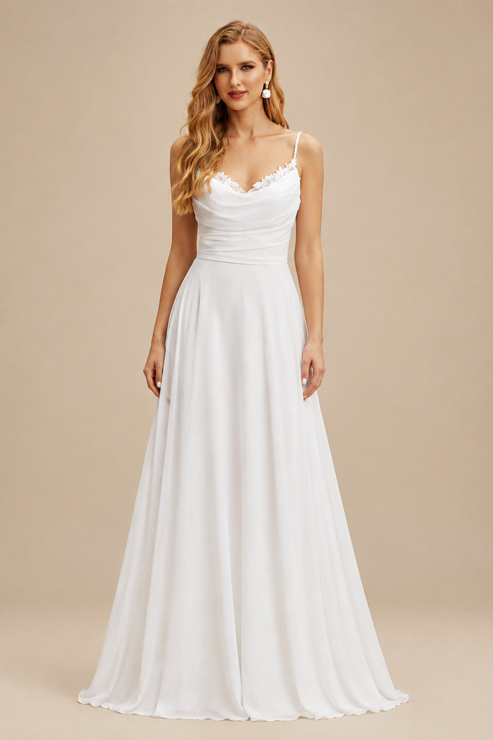 Rutipo White A-Line Cowl Neck Sleeveless Chiffon Court Train Wedding Dress With Appliques Lace