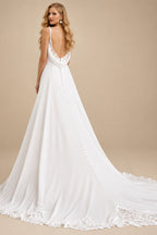 Rutipo White A-Line Cowl Neck Sleeveless Chiffon Court Train Wedding Dress With Appliques Lace