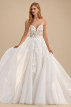 Rutipo As Picture Ball-Gown V-Neck Sleeveless Tulle Court Train Wedding Dress With Appliques Lace