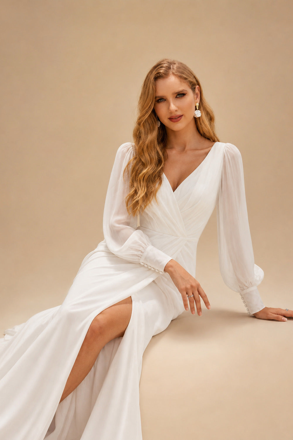 Rutipo Ivory Classic Long Lantern Sleeves V-Neck Ruched Chiffon Wedding Dress With Split Front