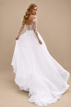 Rutipo White Ball-Gown Illusion Neck Sweep Train Wedding Dress With Beading Appliques Lace