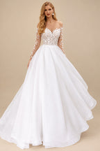 Rutipo White Ball-Gown Illusion Neck Sweep Train Wedding Dress With Beading Appliques Lace