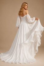 Rutipo White Off-The-Shoulder Long Sleeves Beach Wedding Dresses With A-Line Chiffon