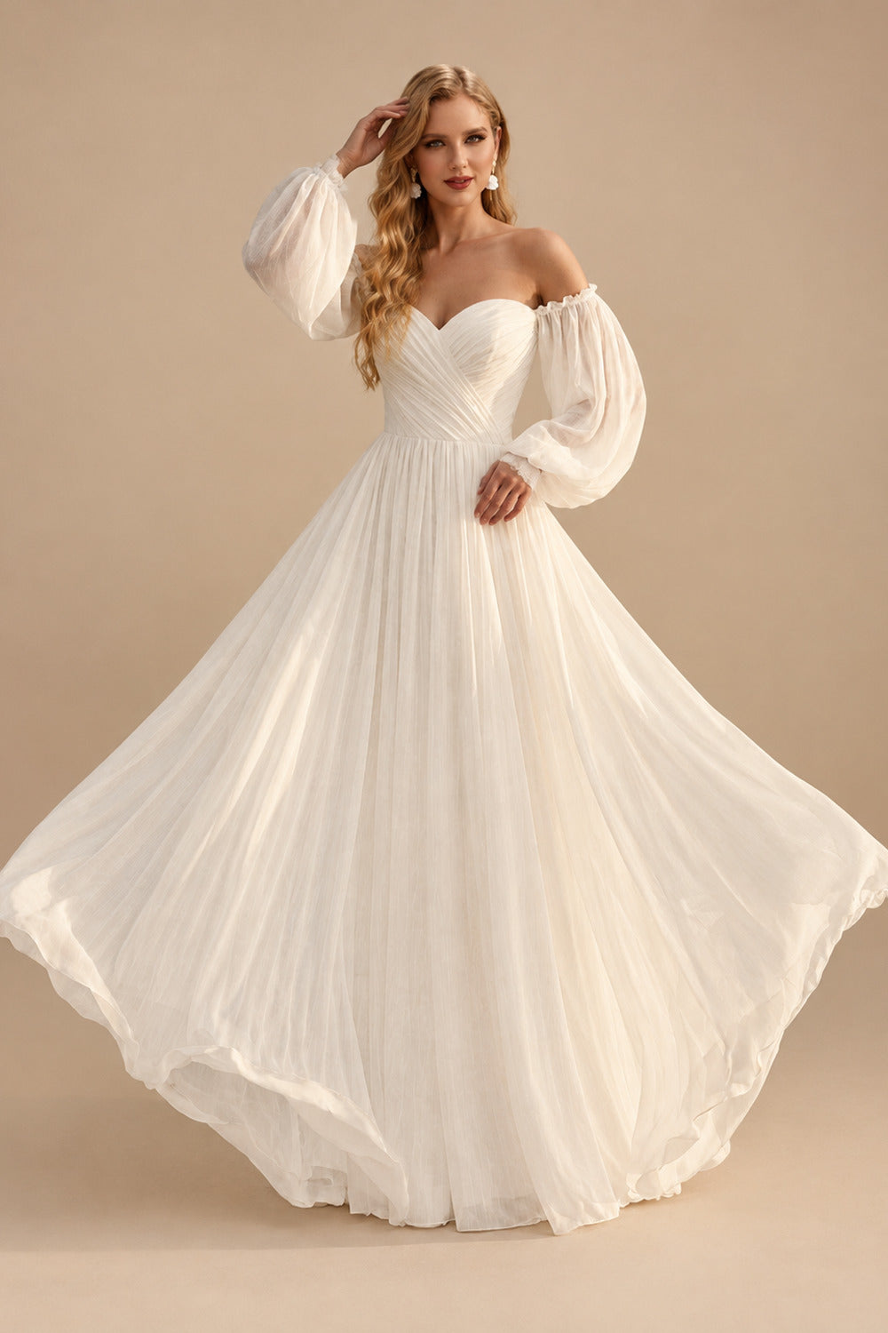 Rutipo Ivory Beach Long Sleeves Off-The-Shoulder Wedding Dresses With A-Line Chiffon