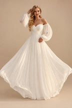 Rutipo Ivory Beach Long Sleeves Off-The-Shoulder Wedding Dresses With A-Line Chiffon