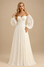 Rutipo Ivory Beach Long Sleeves Off-The-Shoulder Wedding Dresses With A-Line Chiffon