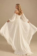 Rutipo Ivory Beach Long Sleeves Off-The-Shoulder Wedding Dresses With A-Line Chiffon