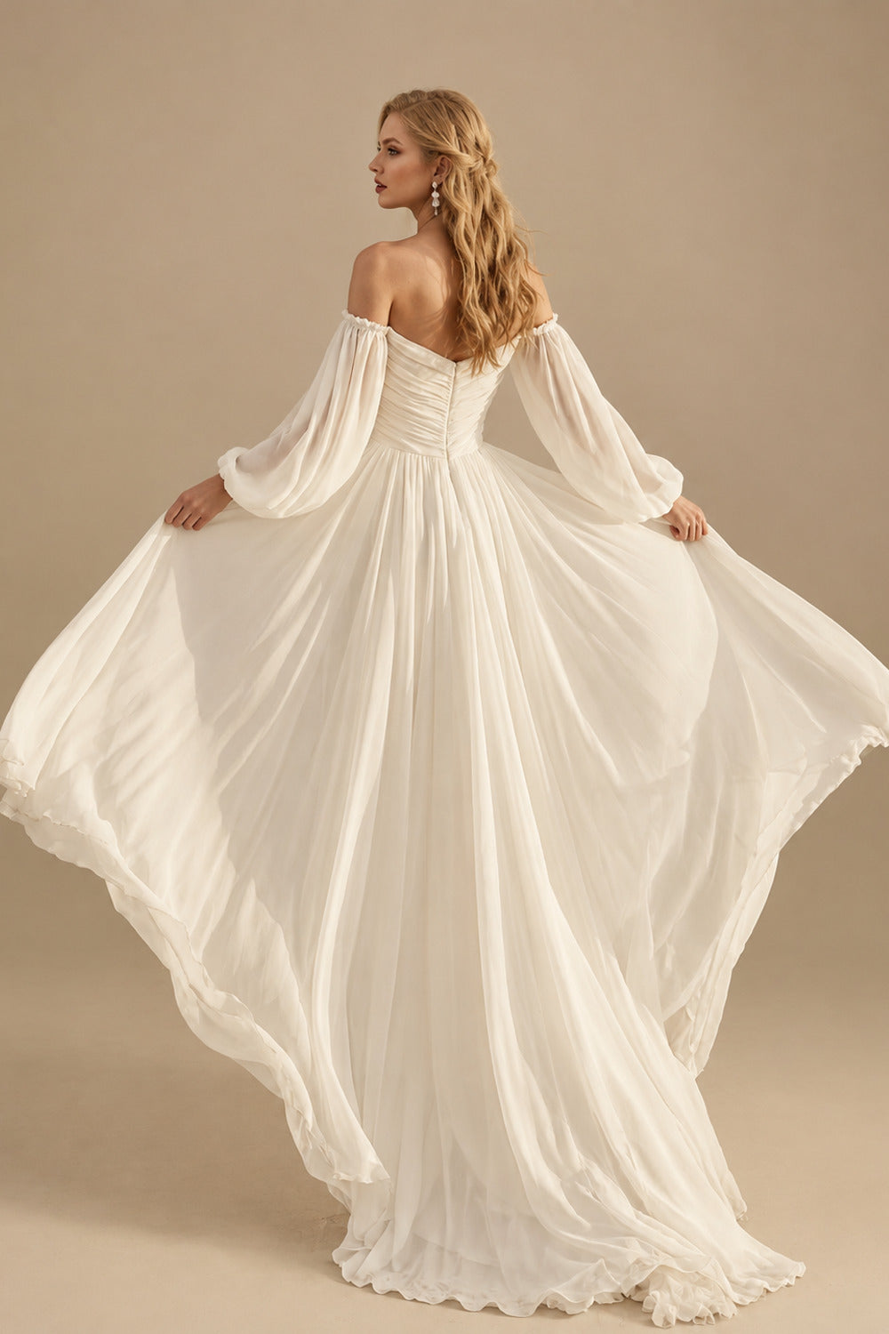 Rutipo Ivory Beach Long Sleeves Off-The-Shoulder Wedding Dresses With A-Line Chiffon