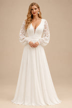 Rutipo Ivory A-Line V-Neck Sweep Train Lace Plus Size Wedding Dress