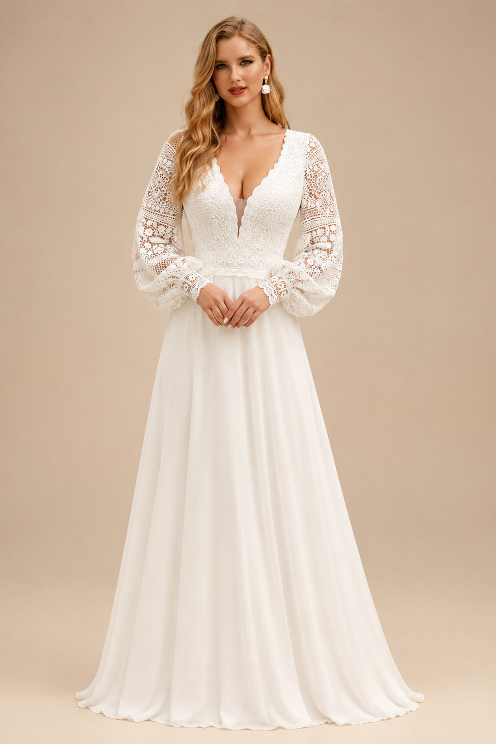 Rutipo Ivory A-Line V-Neck Sweep Train Lace Plus Size Wedding Dress