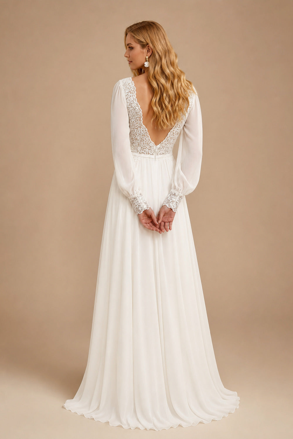 Rutipo Ivory Long Sleeves Lace Open Back Wedding Dresses With V-Neck Chiffon Floor-Length